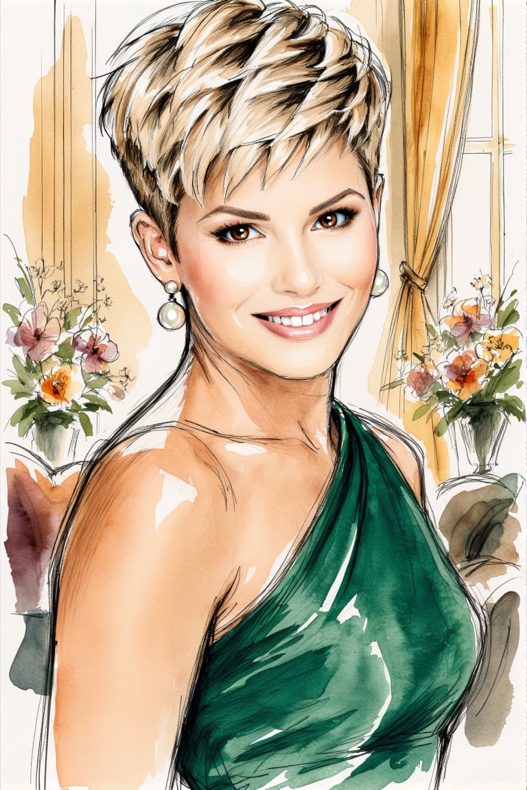 Elegant watercolor portrait sketch of a beautiful woman with warm brown eyes,  gentle smile,  short layered blonde pixie h...