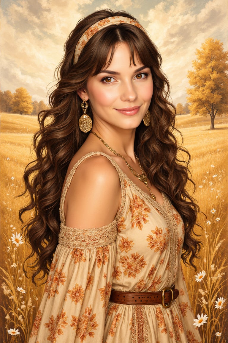 1970s bohemian portrait of a beautiful woman with warm brown eyes,  serene closed-mouth smile,  long loose wavy hair with...