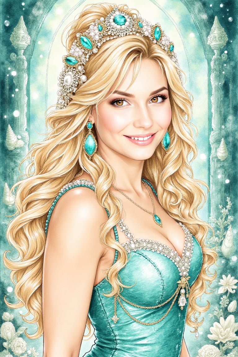 Dreamy inkcolor fantasy portrait of a beautiful sea enchantress,  warm brown eyes,  radiant smile by VisionBlue on Tensor.Art