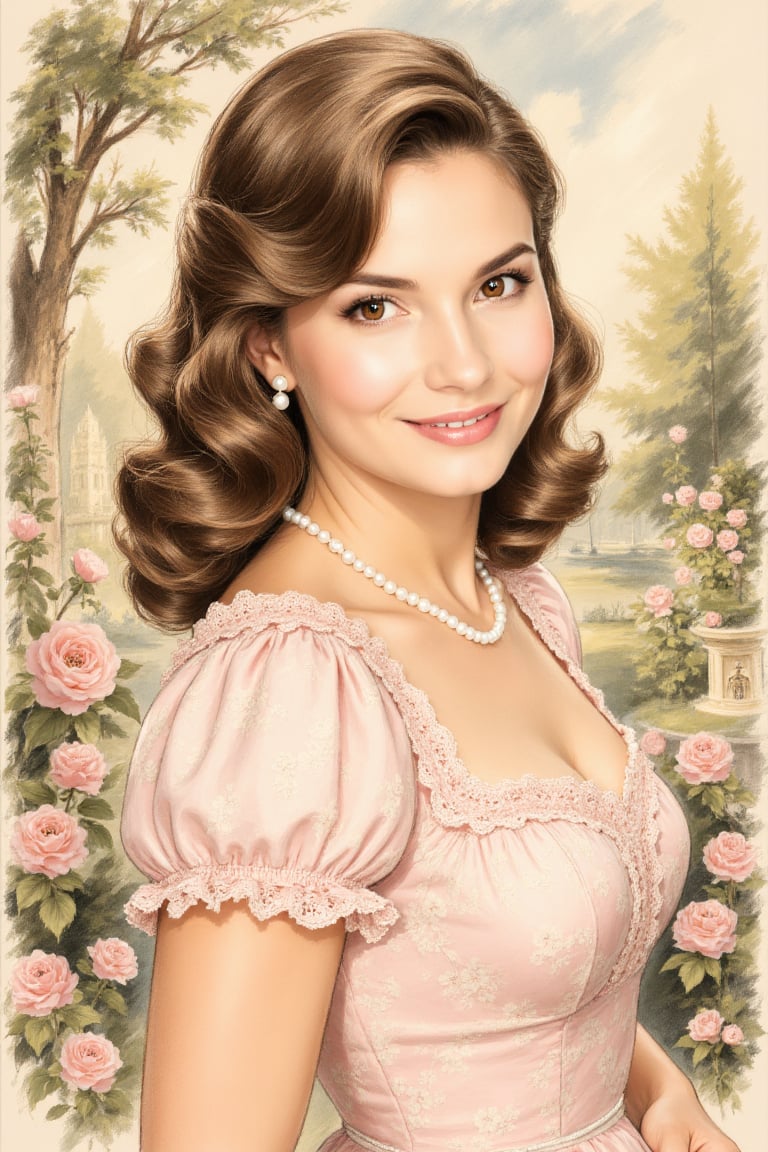 Nostalgic 1950s portrait of a beautiful woman with warm brown eyes,  closed-mouth friendly expression,  softly curled medi...