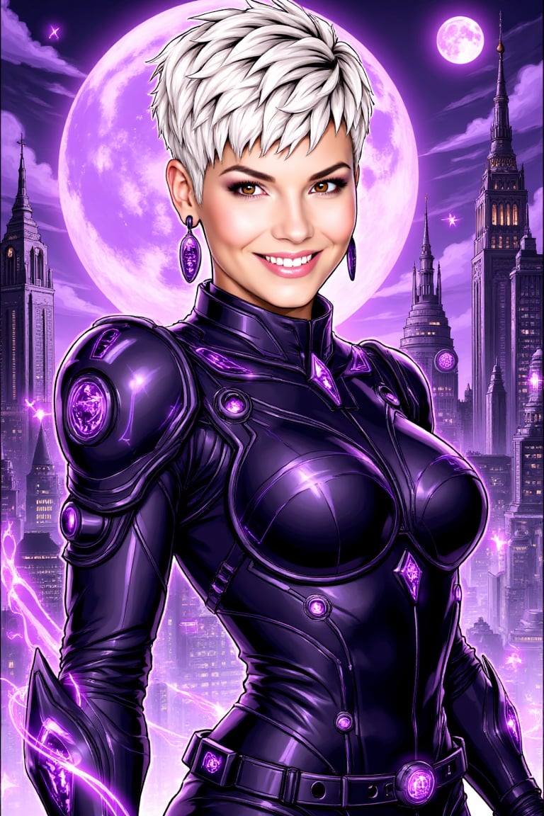 Dynamic cyber-fantasy huntress portrait,  beautiful confident woman with warm brown eyes and playful smile,  short platinu...