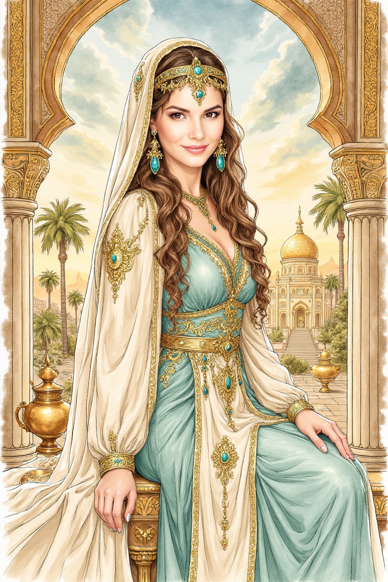Elegant watercolor fantasy portrait of a beautiful desert princess or oracle,  warm brown eyes,  radiant smile by VisionBl...