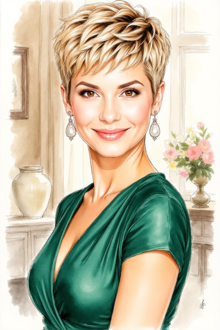 Elegant watercolor portrait sketch of a beautiful woman with warm brown eyes,  gentle smile,  short layered blonde pixie h...