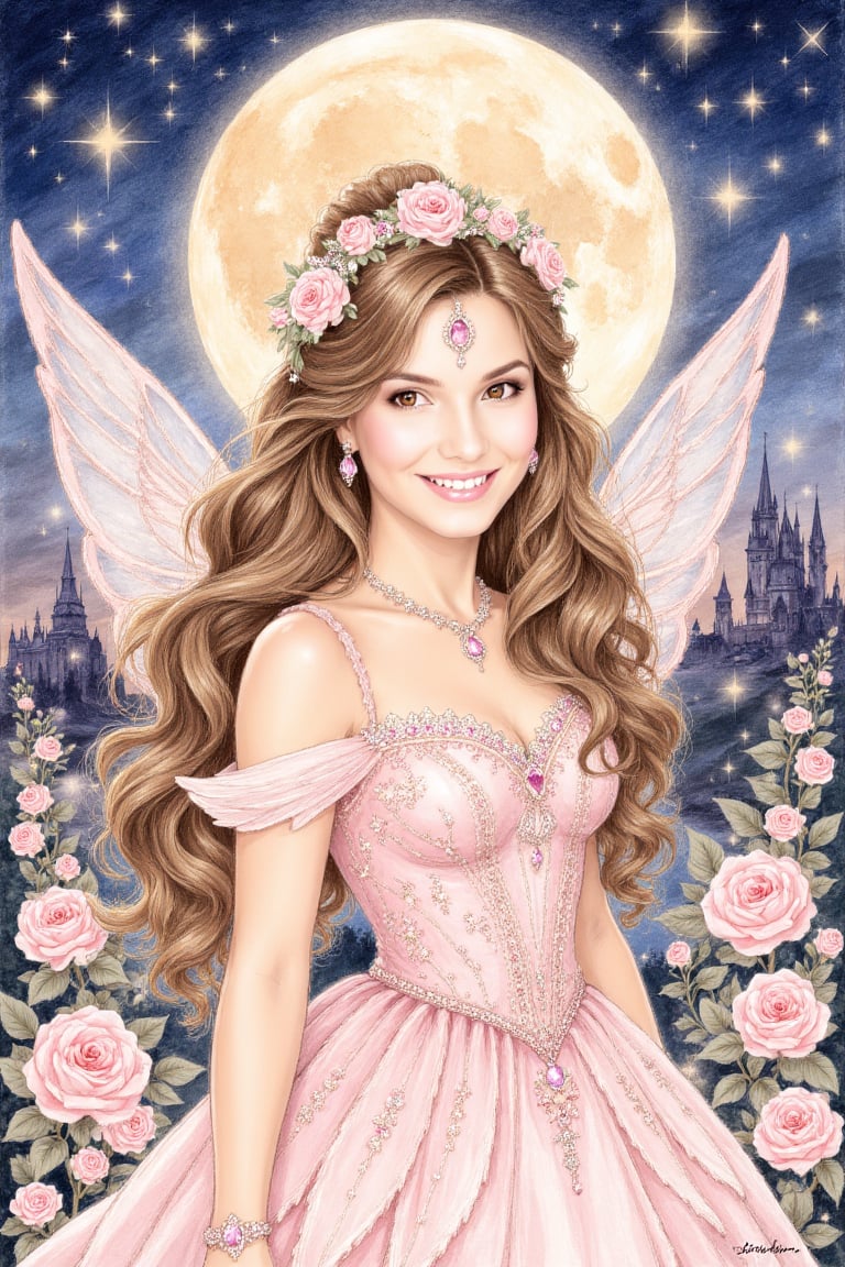 Soft pastel fairy-tale illustration of a beautiful fairy princess,  warm brown eyes,  gentle smile by VisionBlue on Tensor...