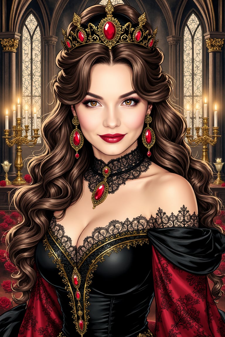 Dark gothic fantasy queen portrait,  beautiful confident woman with warm brown eyes,  mysterious smile by VisionBlue on Te...