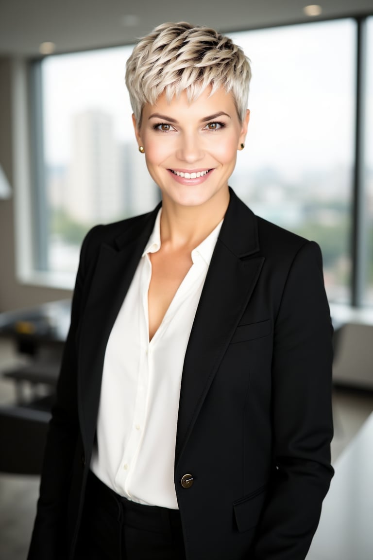 Photorealistic professional portrait of a beautiful confident woman with warm brown eyes,  short platinum-blonde textured...