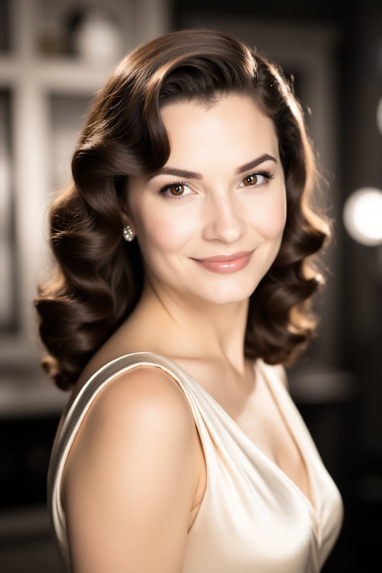 Classic 1940s Hollywood glamour portrait of a beautiful woman with warm brown eyes,  closed-mouth elegant smile,  sculpted...