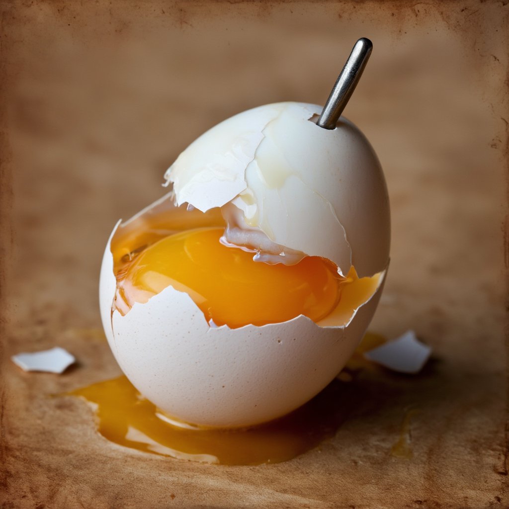 A surreal still life rendered in encaustic paint,  where a boiled egg with fractured shell,  glossy white by Izmys on Tens...