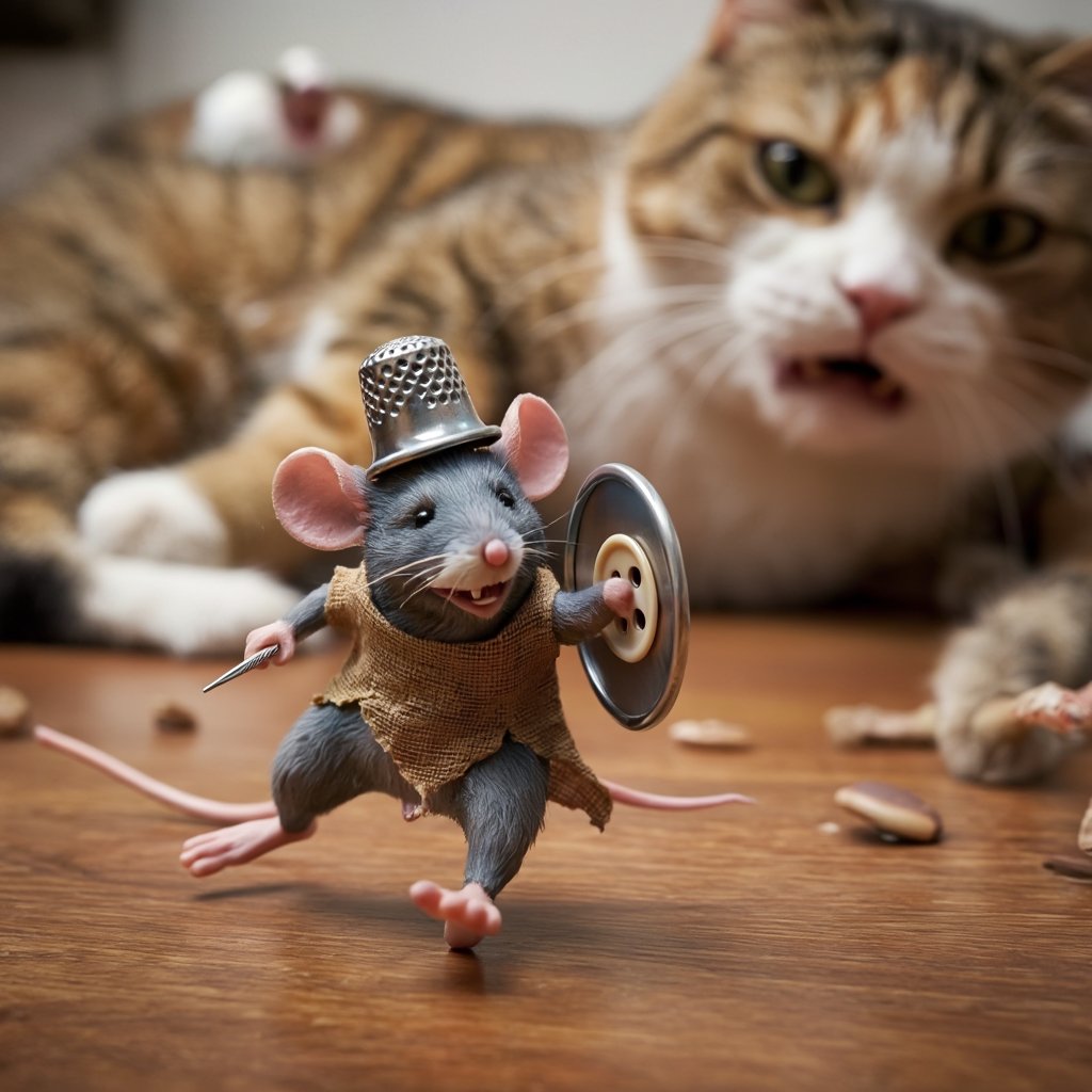 photo-realistic image of tiny mouse warrior,  wearing a helmet of thimble,  holding a needle and shield of button by Izmys...