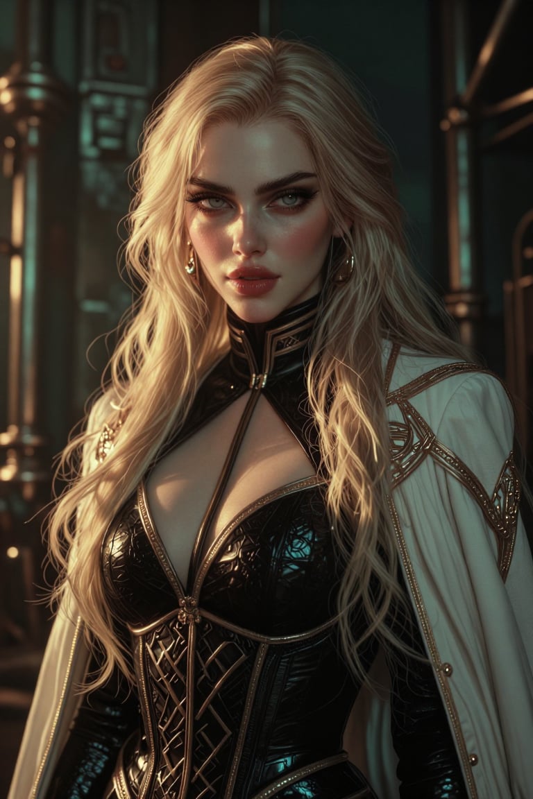 The image depicts a highly stylized,  futuristic character with long,  flowing blonde hair. She is wearing a black by Offi...