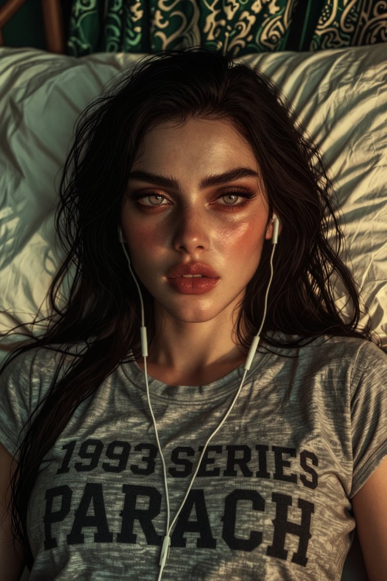 The image shows a person lying on a bed with a light-colored pillow. The person is wearing a gray t-shirt with the text "1...