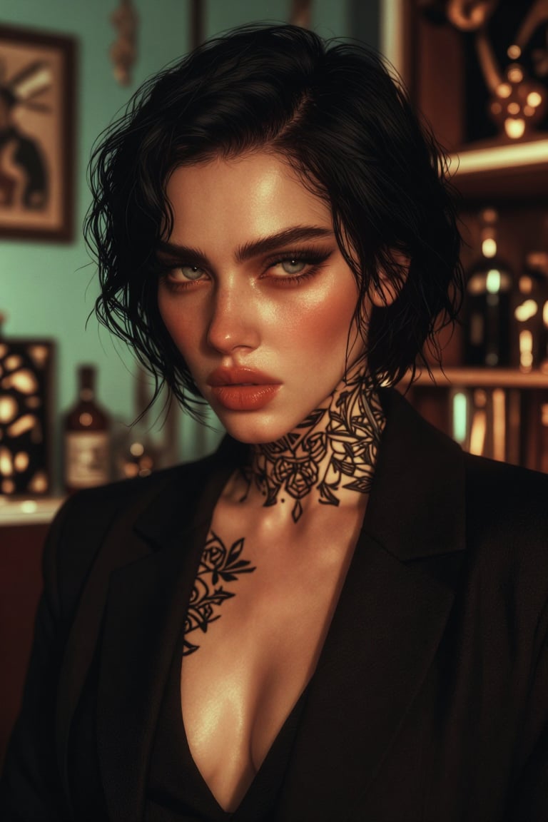The image depicts a person with short black hair,  wearing a black blazer with a low neckline. The individual has intricat...
