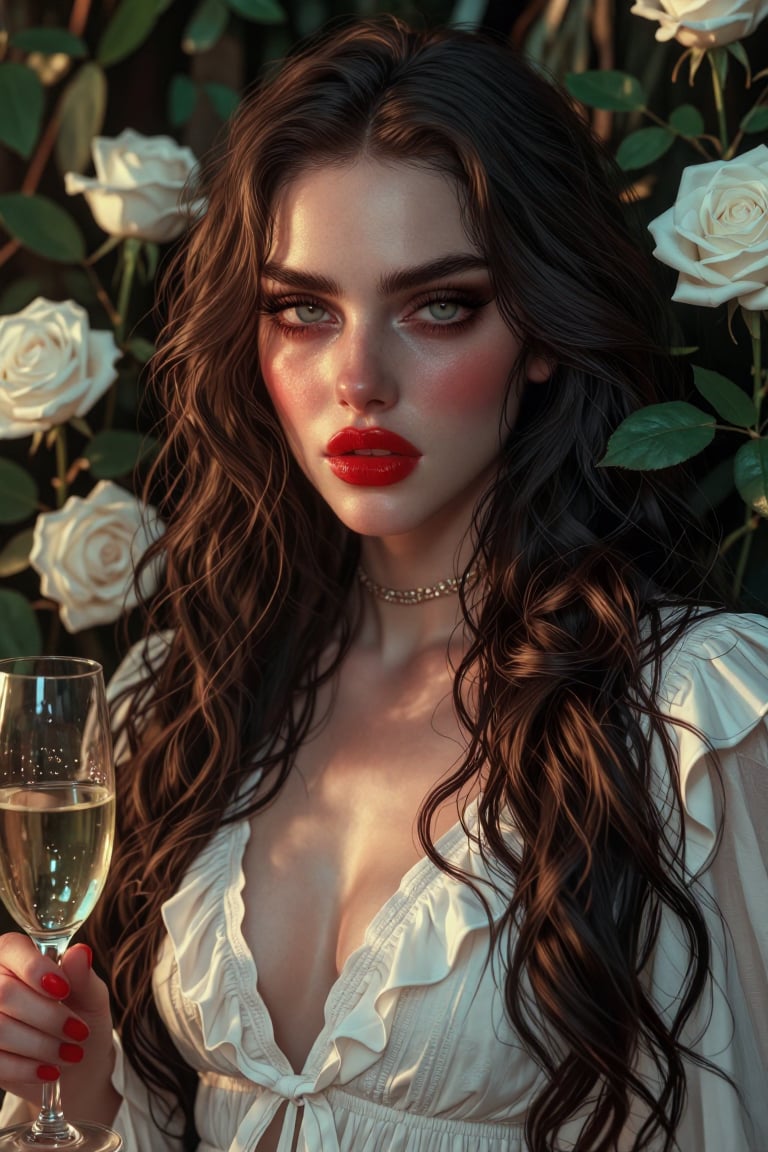 The image depicts a young woman with long,  wavy brown hair and striking green eyes. She is wearing a white dress with ruf...