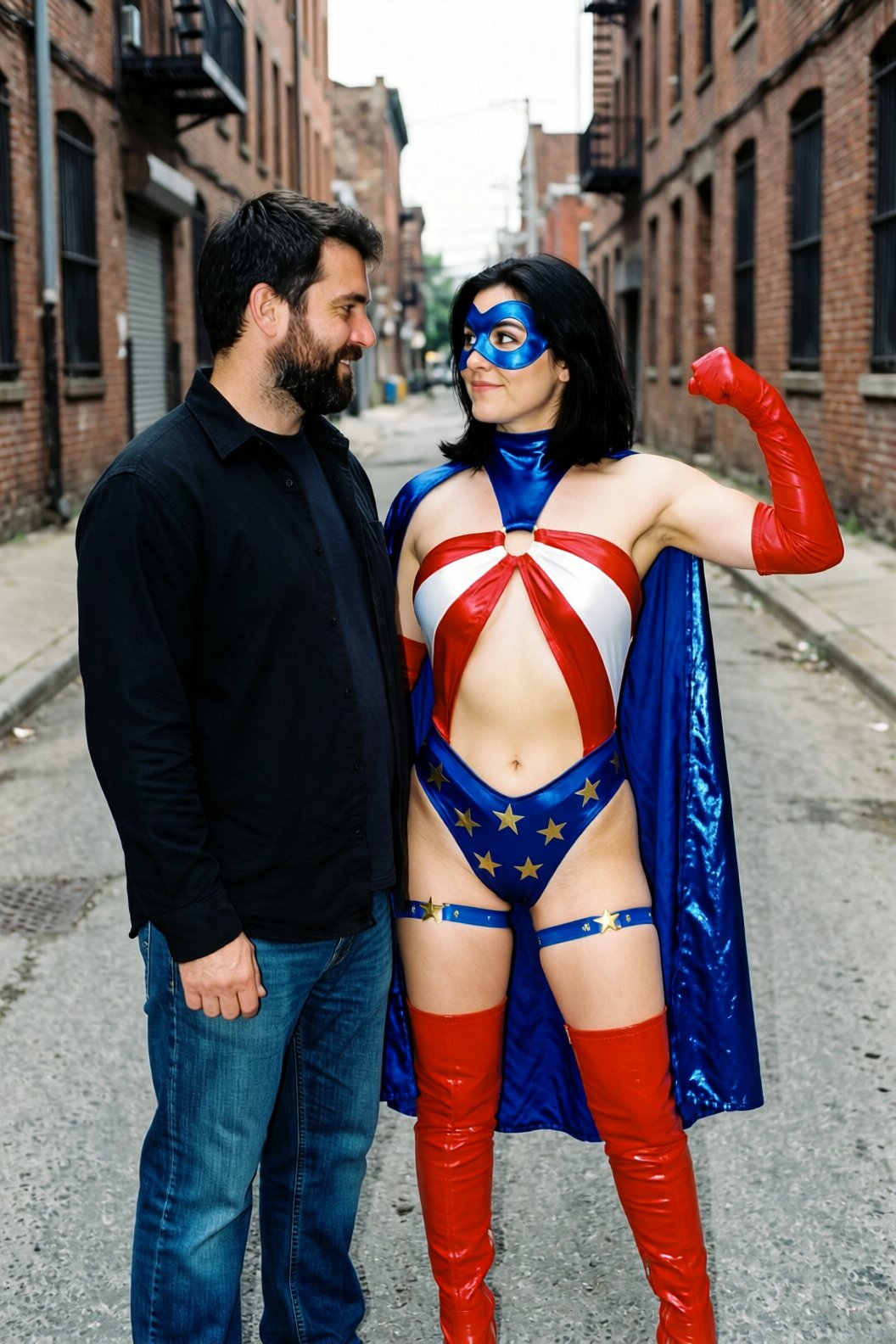 In this medium-full shot,  a man and a woman stand together in a narrow urban alleyway paved with worn asphalt. The man,...