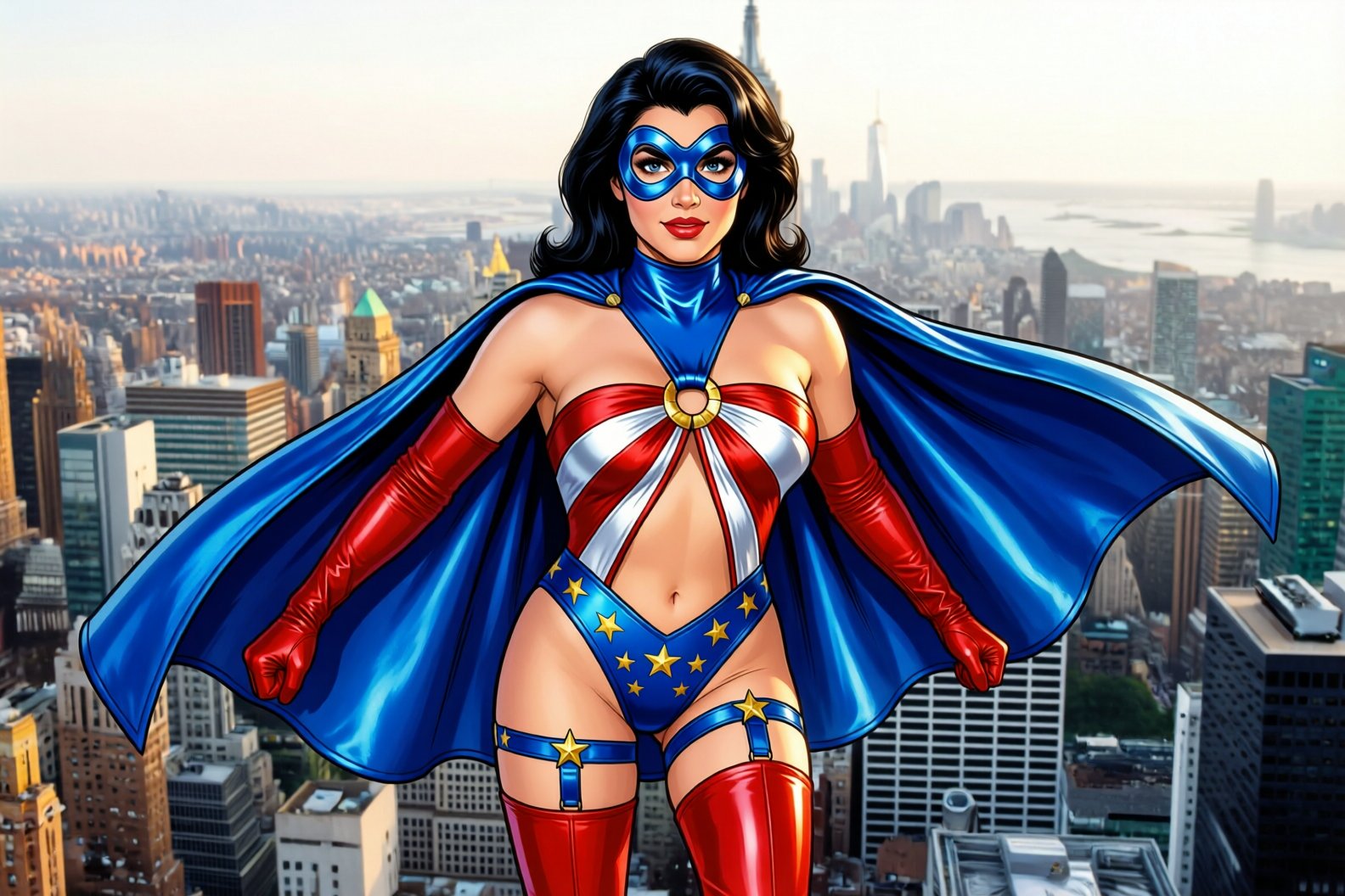 comic drawing of spellbinder superheroine flying over NYC in a superman pose [costume] A blue infinity-shaped mask over ey...