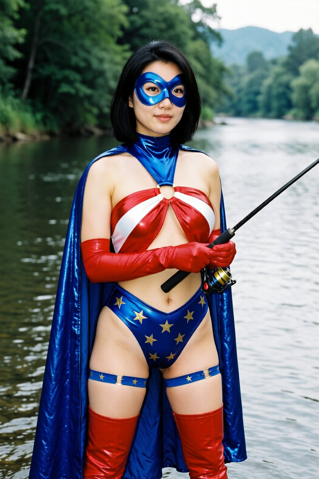 Photograph of an asian woman with black short haired wearing Spellbinder superheroine costume,  fishing on a river [costum...