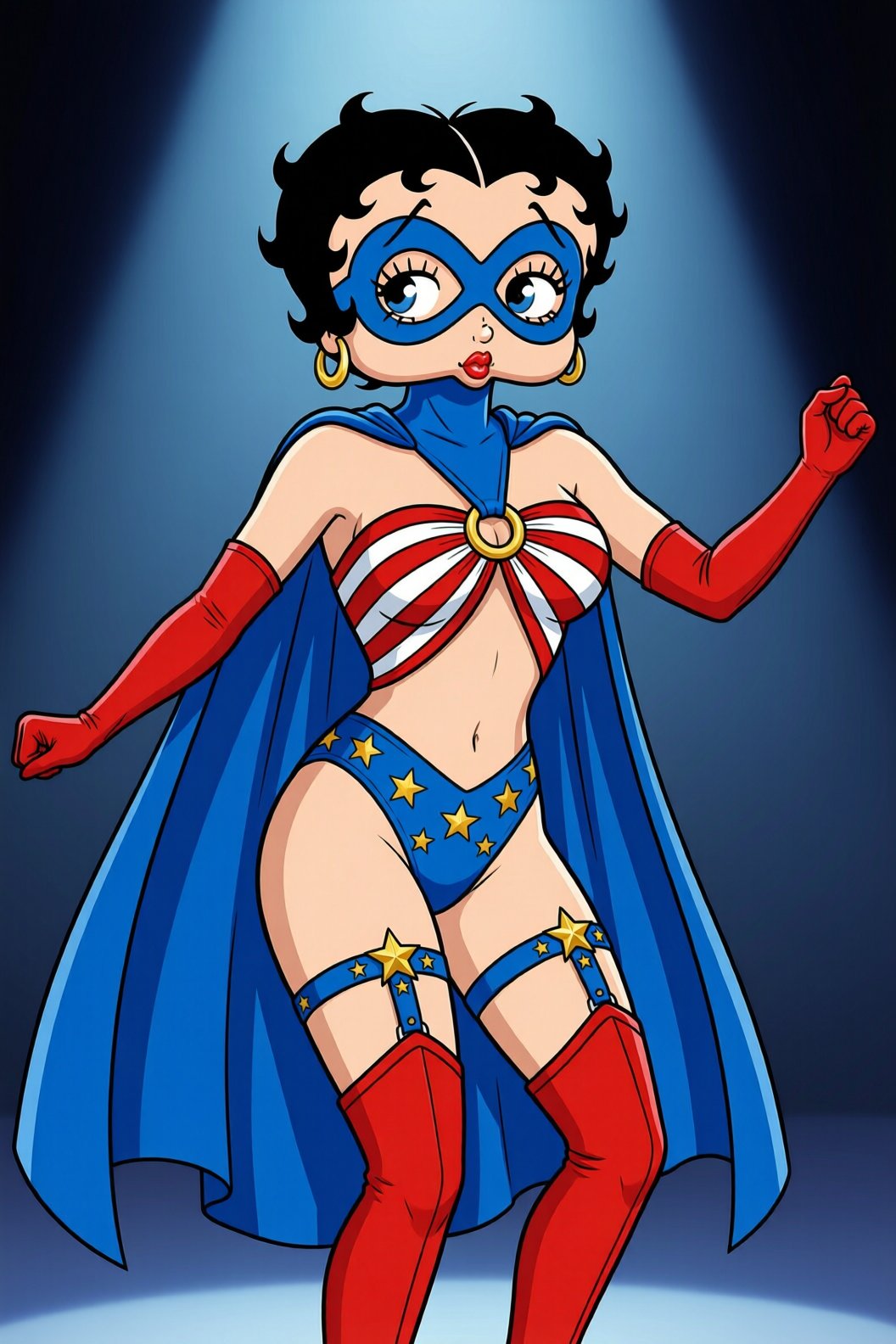 Cartoon image of Betty Boop wearing Spellbinder superheroine costume,  dancing on stage. [costume] A blue infinity-shaped...