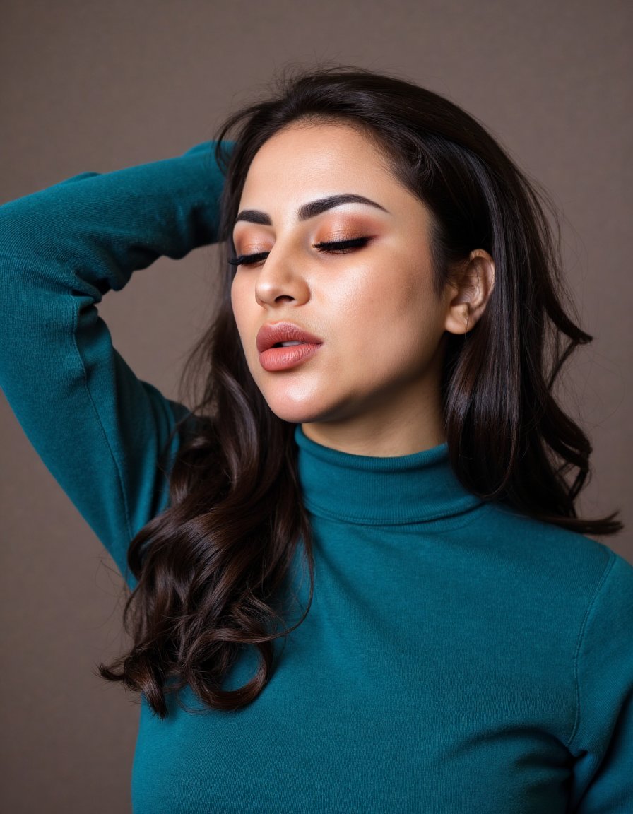A close-up editorial fashion portrait of Nadien_May,  a young female model,  tightly framed to include only her face by we...