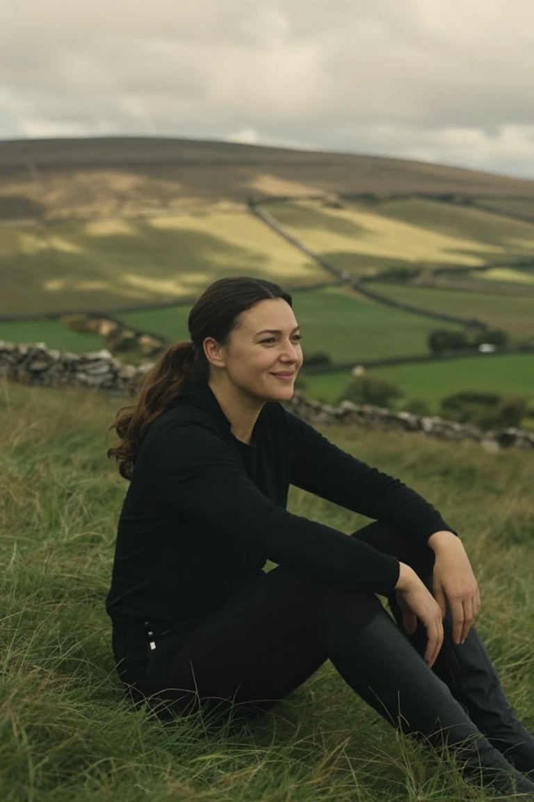 Irish countryside,  rolling hills with cloud shadows moving,  warm approachable smile by Mahima on Tensor.Art