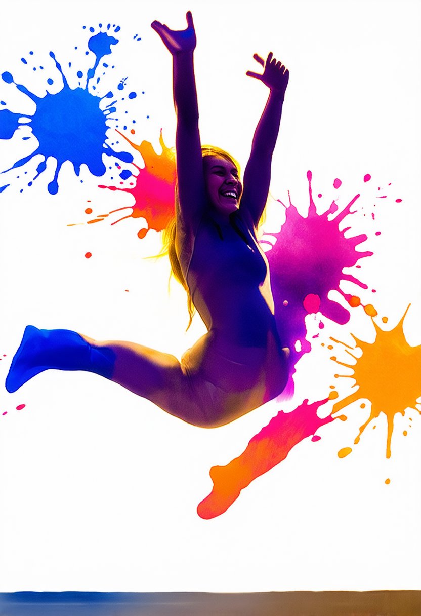softwatercolor,  a dynamic full-body shot of a woman caught mid-leap,  arms thrown wide to the sky with a brilliant by rii...