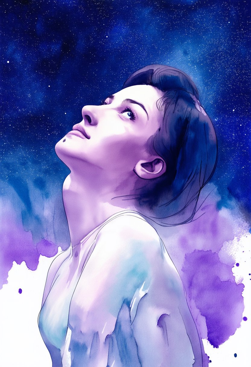 softwatercolor,  a woman viewed from a low angle,  her head tilted directly upward toward a vast sky by riiwa on Tensor.Art
