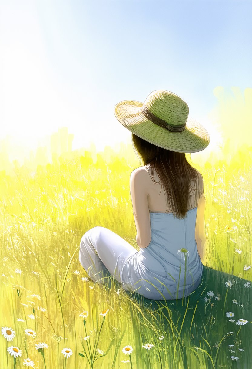 softwatercolor depiction of a woman sitting in a field of tall grass and daisies,  viewed from behind. She wears a wide-br...