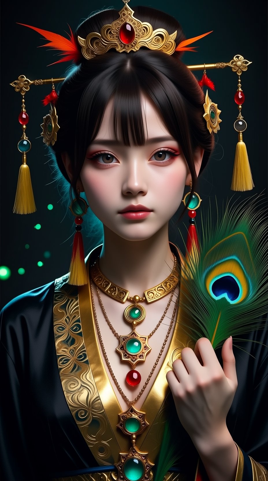 photorealistic 8K fantasy portrait of a stunning East Asian woman in close-up. She has dark brown hair in an elegant updo,...