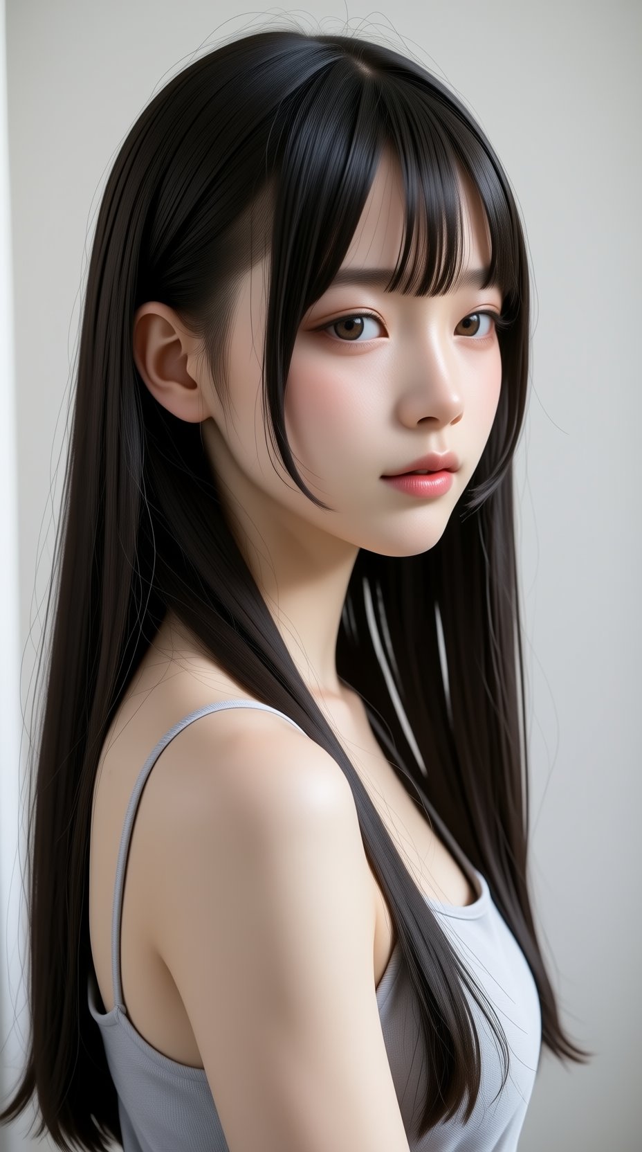 photorealistic 8K realistic portrait of a beautiful young East Asian woman in three-quarter side view. She has long straig...