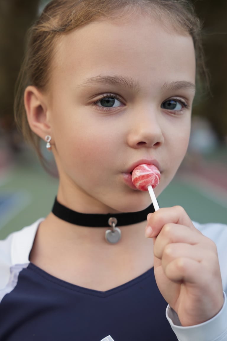 Close-up portrait of a young girl AbriaMaramova. She is wearing a tennis outfit and a choker,  and she is holding a pink l...