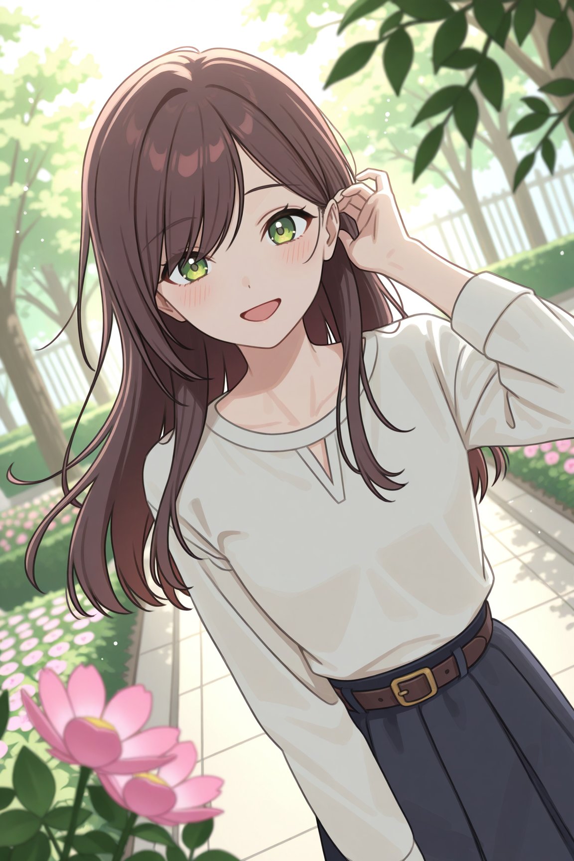aesthetic illustration,  A young girl stands outdoors,  her green-eyed appearance framed by the interplay of sunlight and...