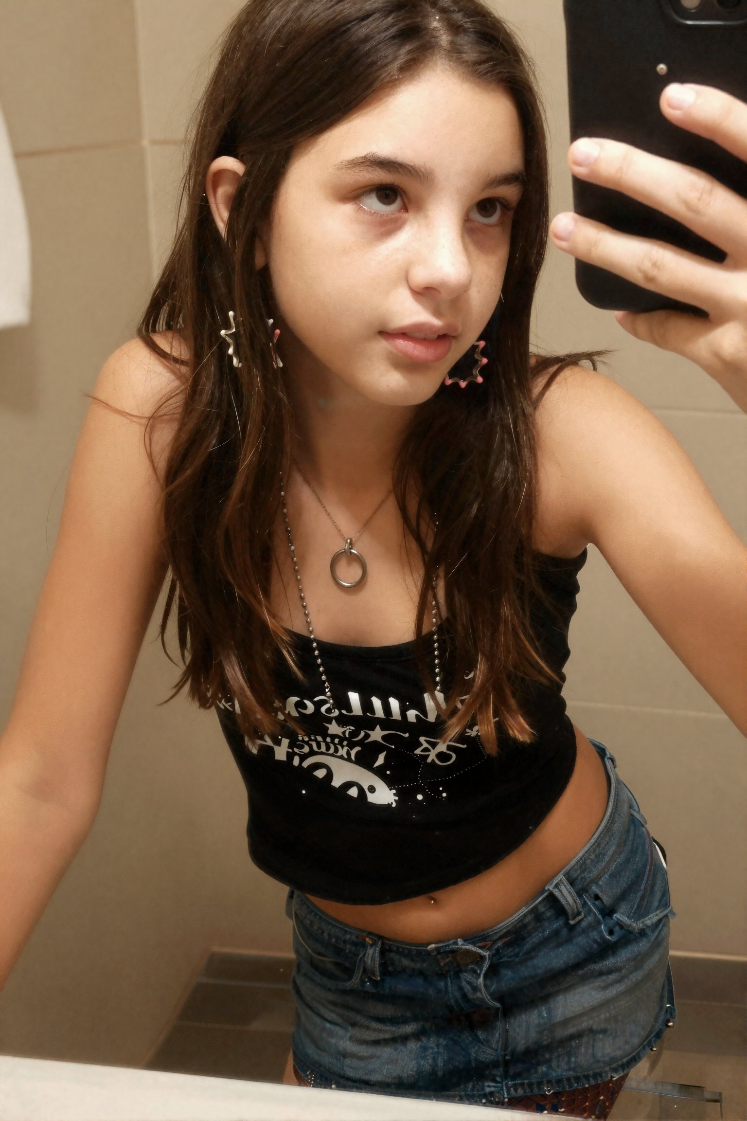 Create a candid photograph of a 16-year-old teenage girl,  capturing her in a moment of taking a selfie in a bathroom. The...