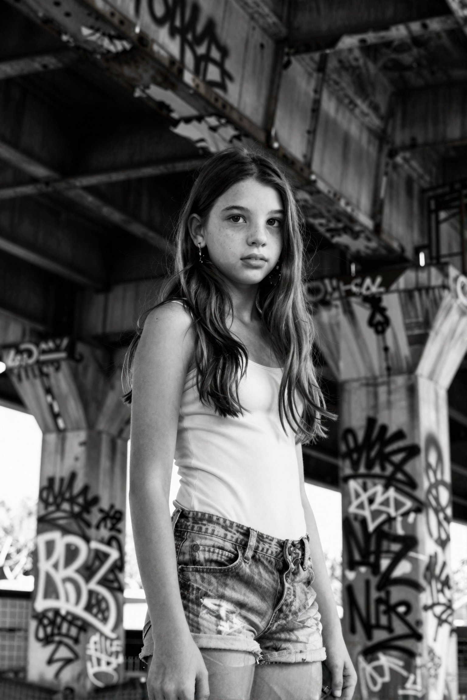 A stark monochrome black and white photograph captures a 18-year-old girl beneath a towering,  crumbling overpass,  her fo...