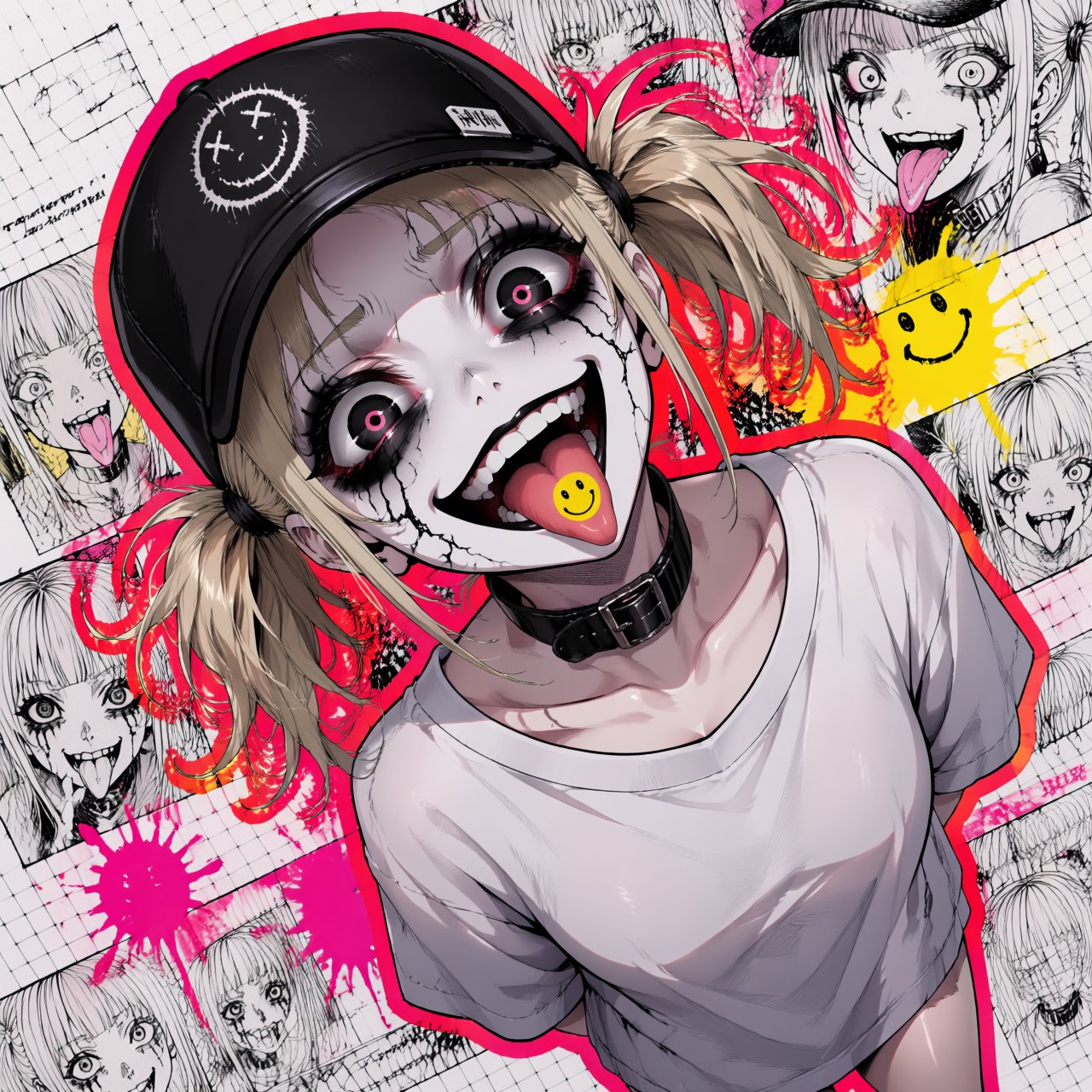 [dark_anima] A dynamic,  high-contrast digital anime illustration with a tilted Dutch angle. The character is a manic goth...