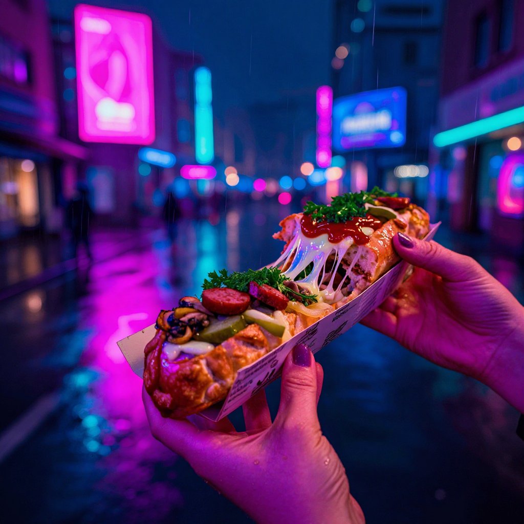 Photorealistic cyberpunk street food photography,  rainy night in a futuristic Warsaw,  neon-lit dystopian city atmosphere...