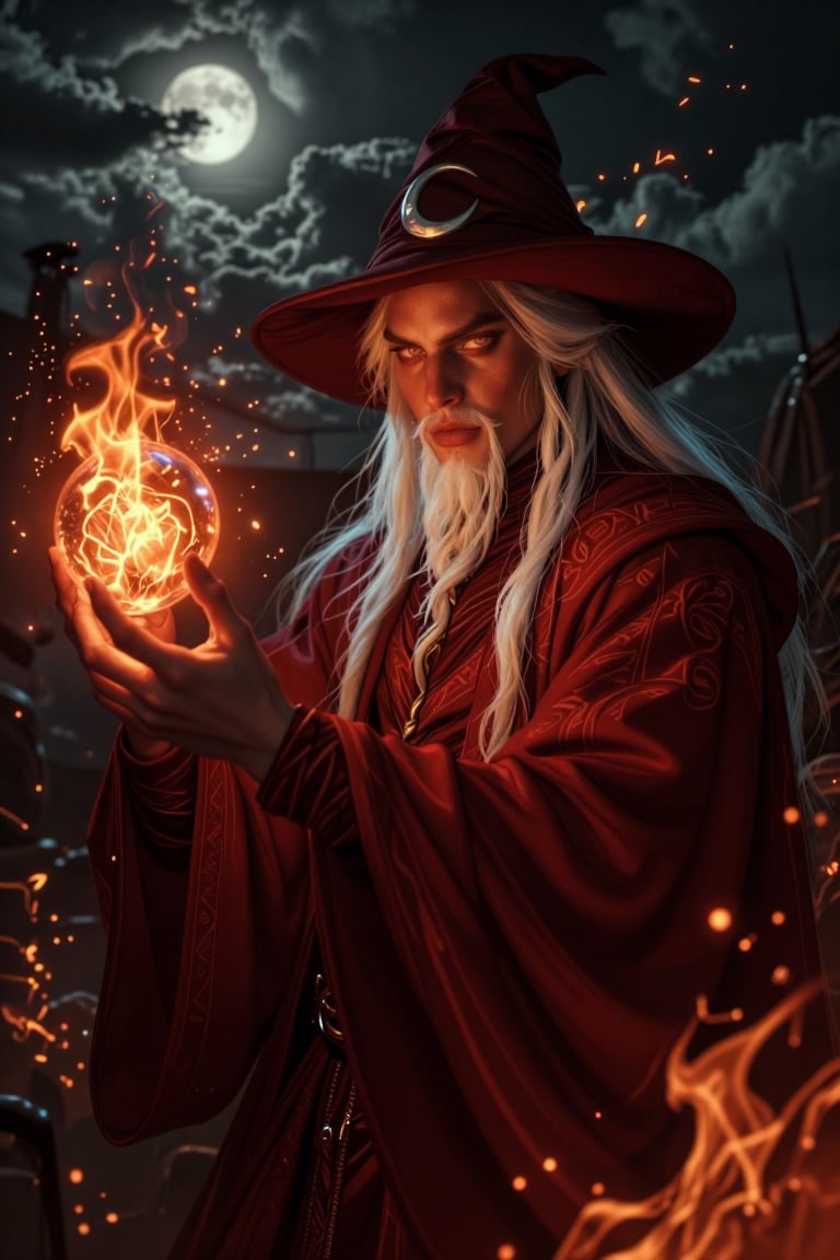The image depicts a fantastical scene with a wizard-like figure in the foreground. The wizard is dressed in a flowing red...