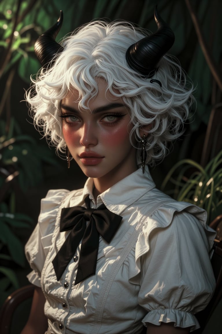 The image depicts a stylized,  anime-inspired character with a unique appearance. The character has short,  curly white ha...