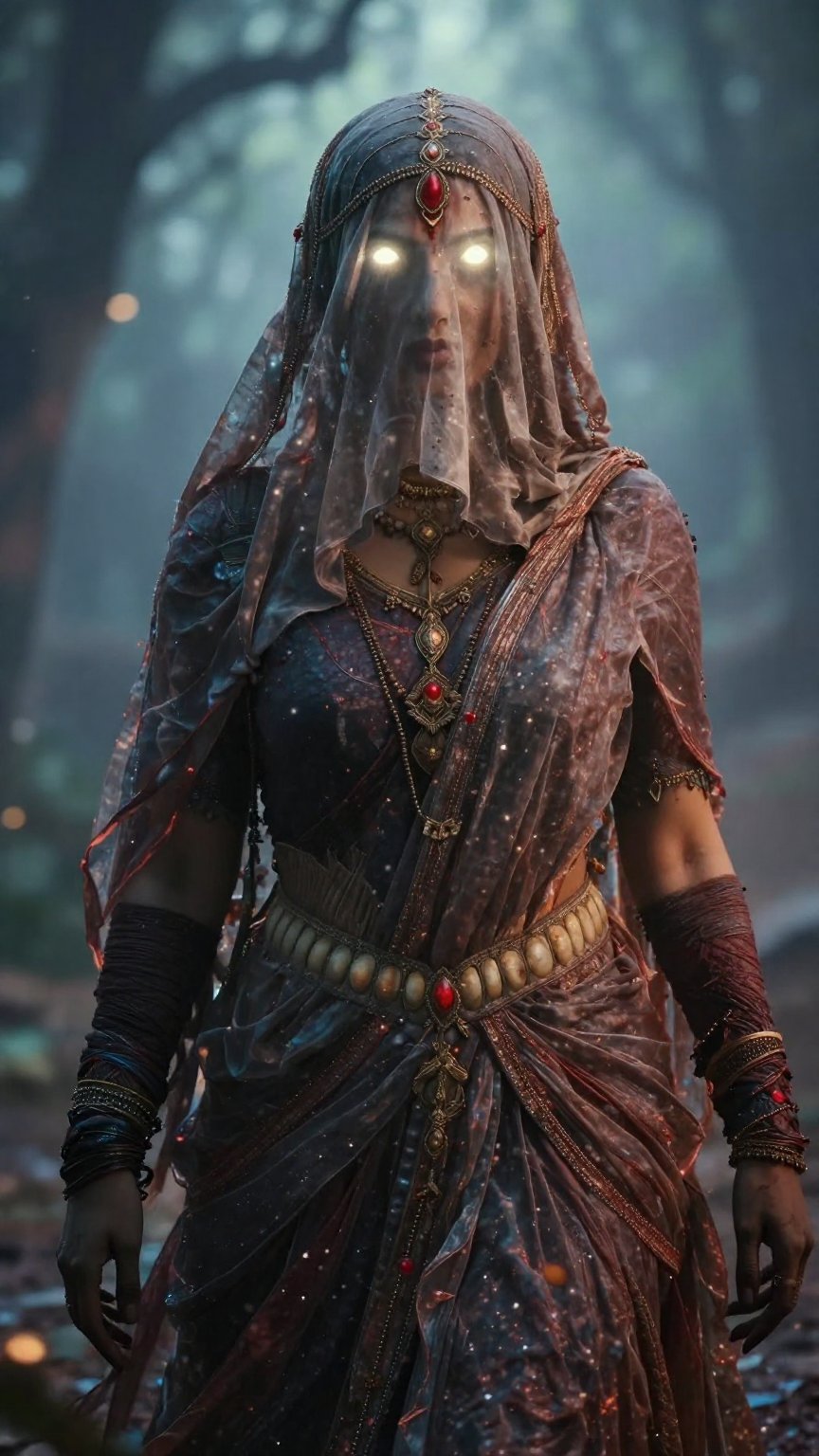 Create a cinematic scene where an Indian witch stands,  her hair and forehead covered by a hard veil made of Vail cloth,...