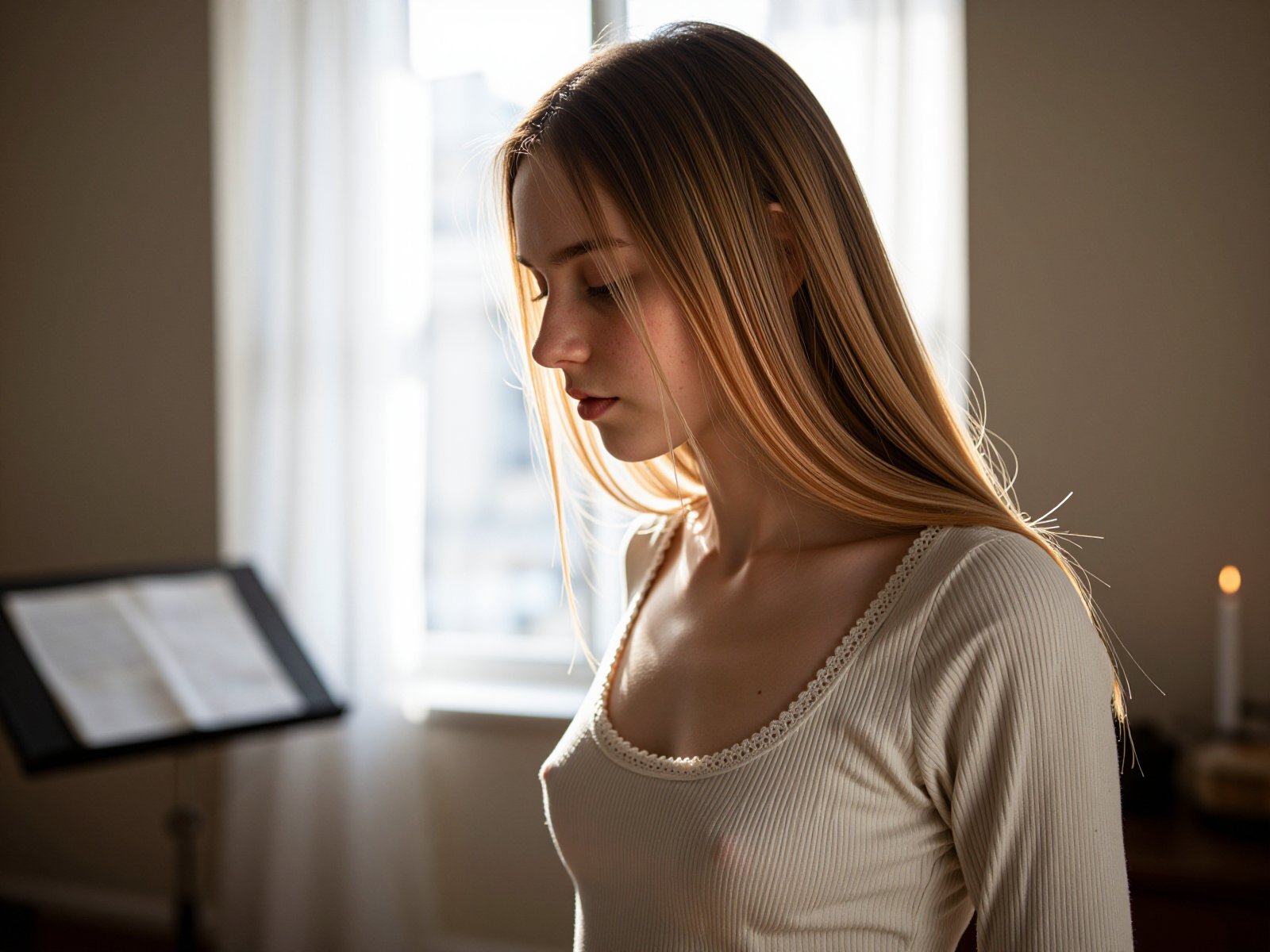An authentic amateur analogue portrait of a young woman in soft window light,  preserve the exact pose and quiet,  contemp...