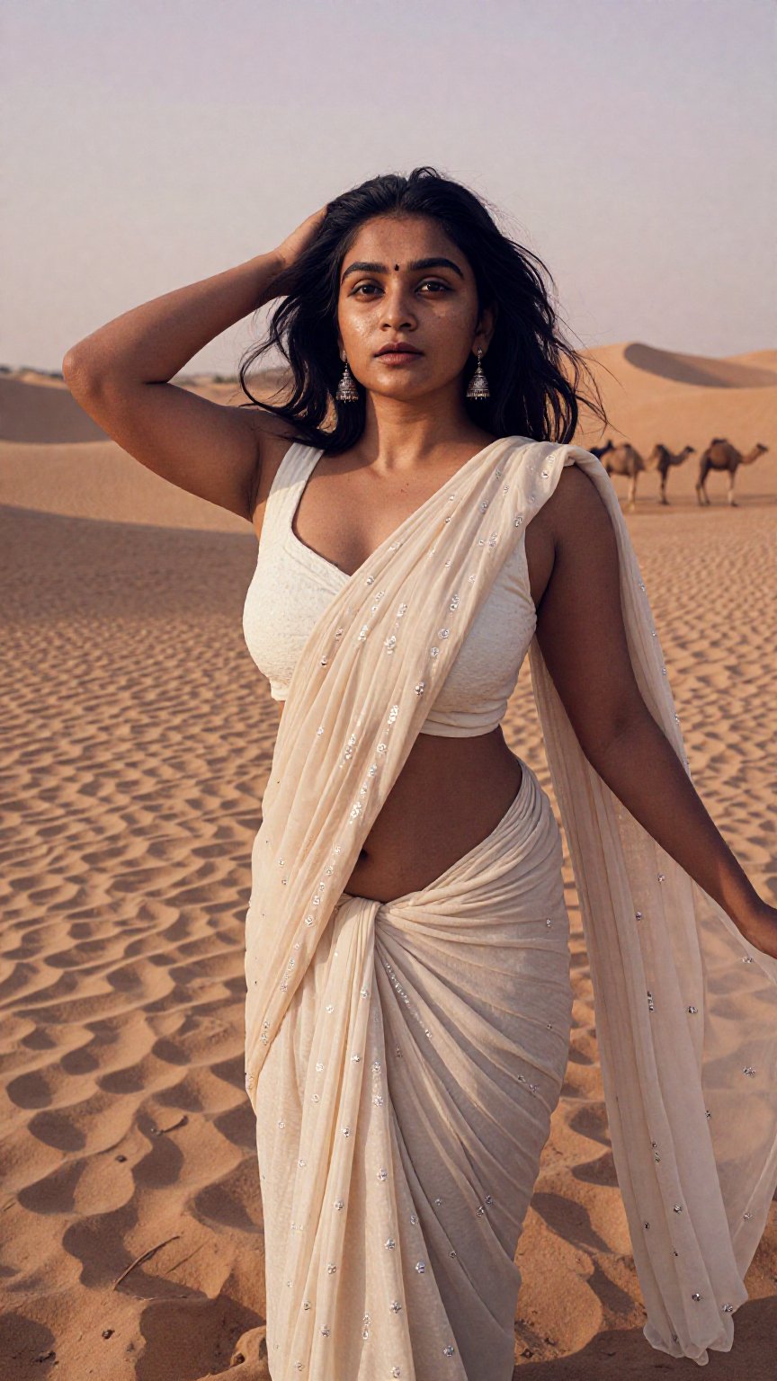 Cinematic photograph of a young South Asian woman with medium brown skin,  shoulder-length wavy black hair,  and large bre...