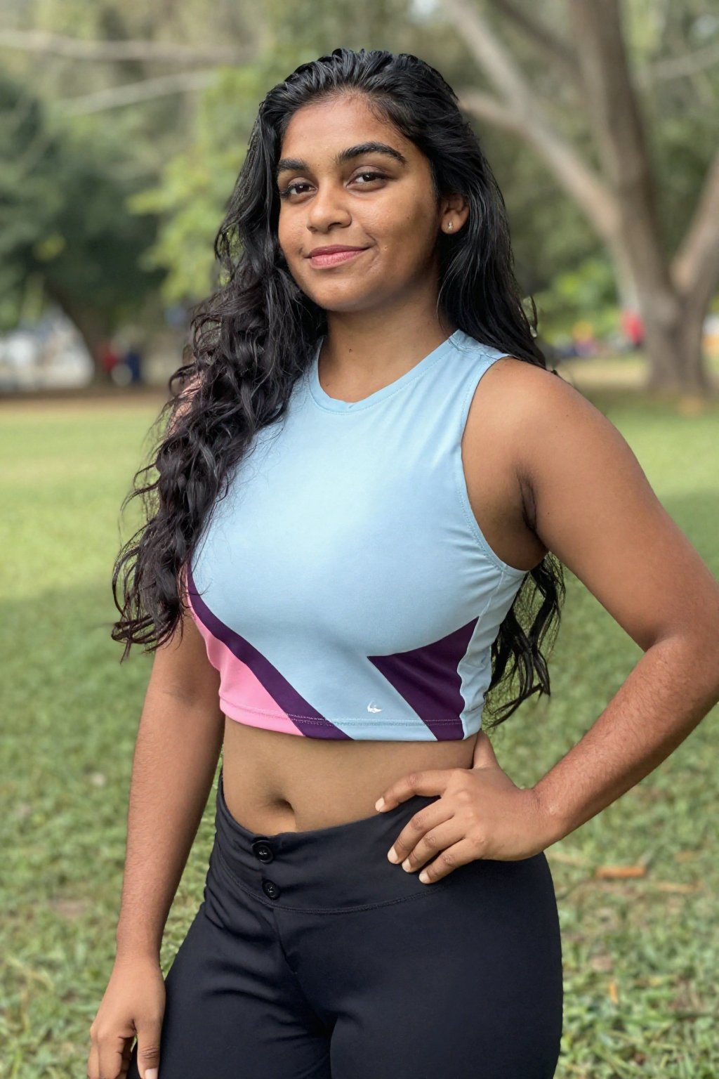 Photograph of a confident woman with long wavy black hair,  medium-brown complexion,  and slight smile by LoRa Factory on...