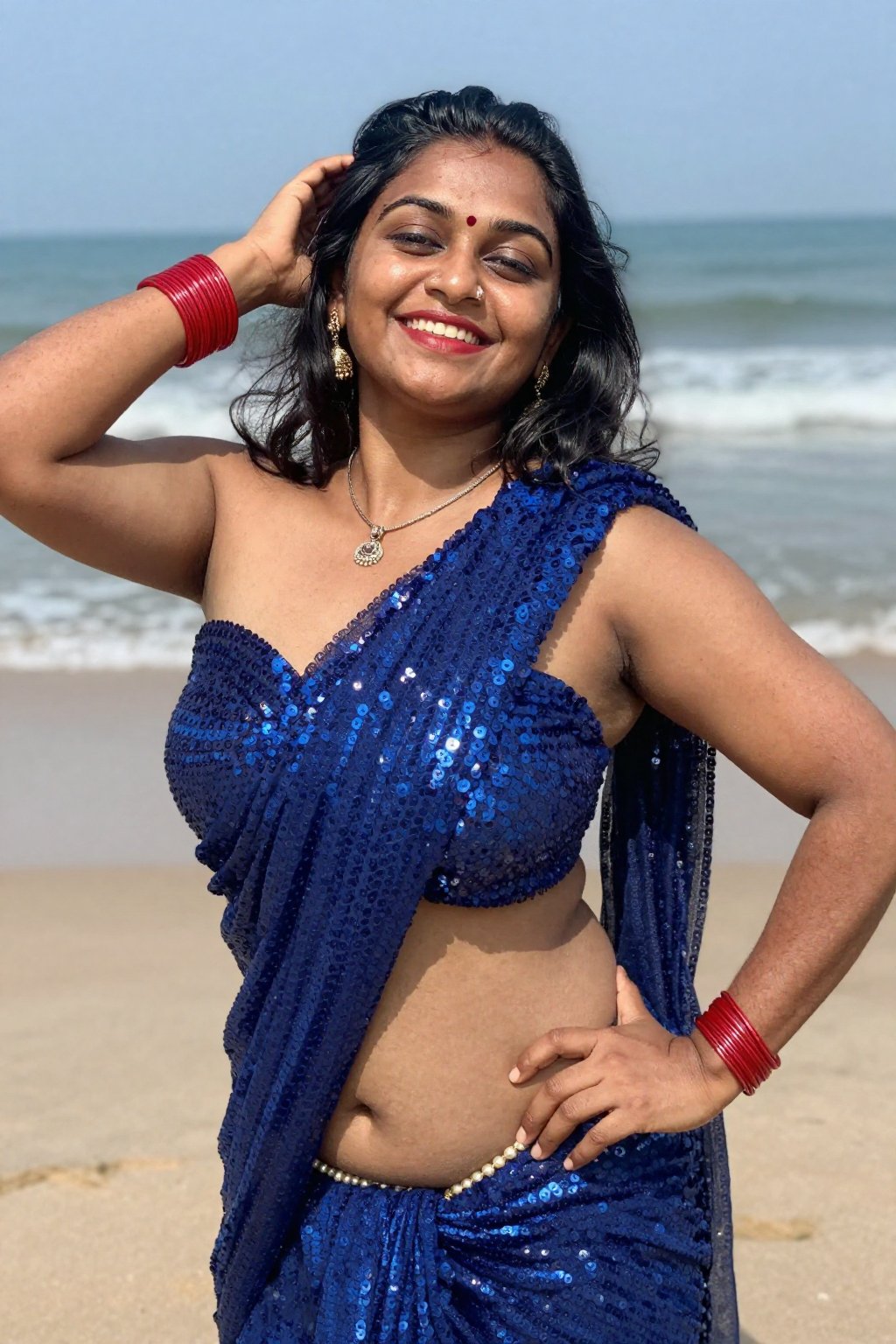 Photograph of a smiling Indian woman with medium-dark skin and black shoulder-length hair,  powerful worm's eye shot from...