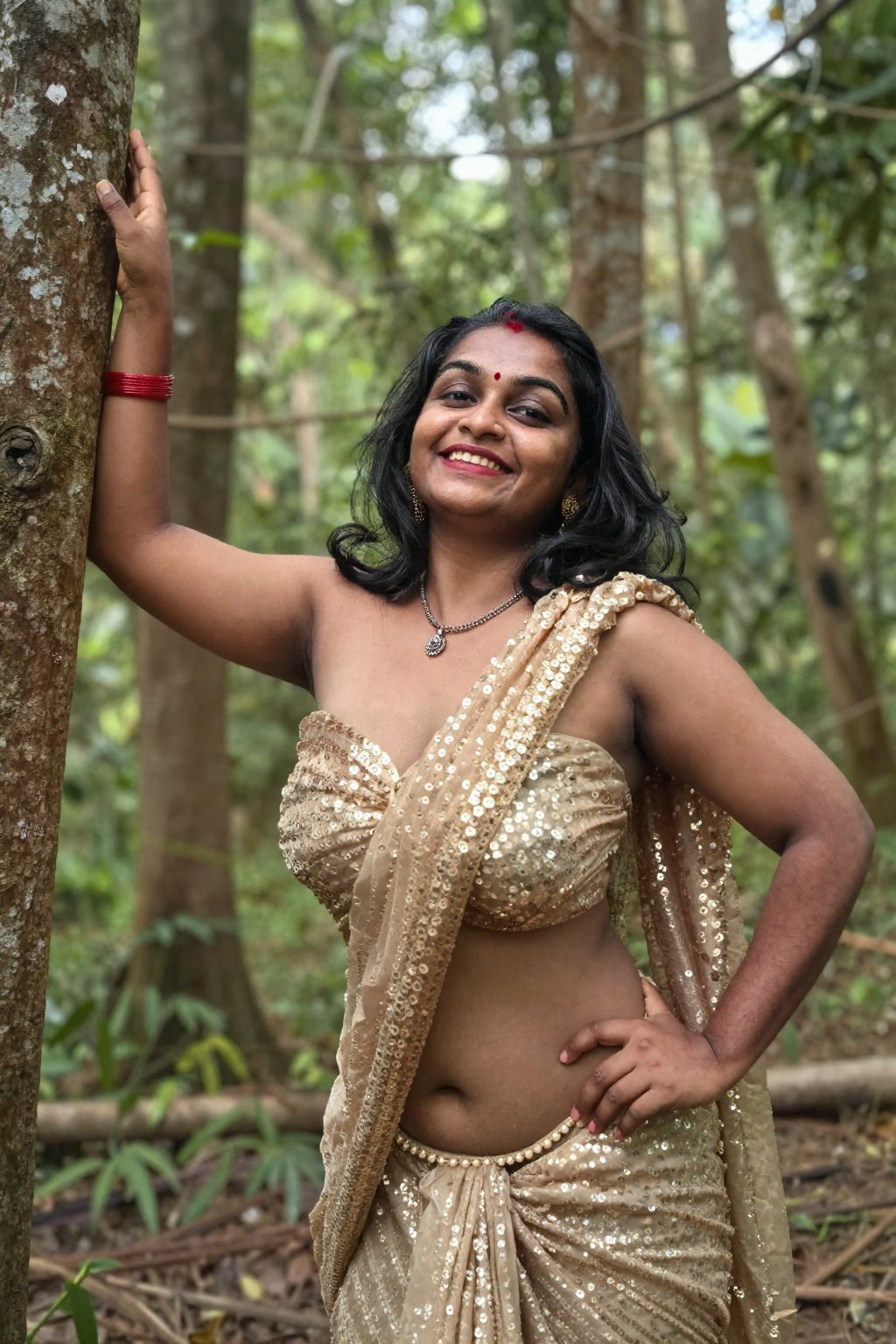 Photograph of a smiling Indian woman with medium-dark skin and black shoulder-length hair,  creative worm's eye shot from...