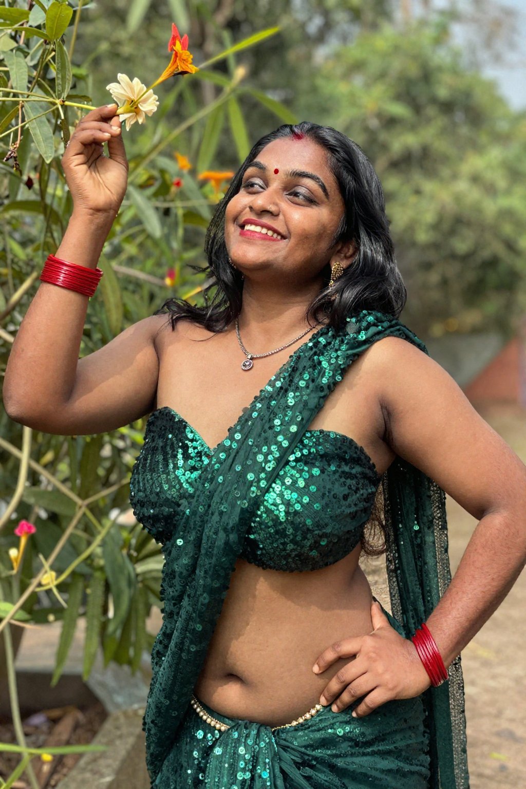 Photograph of a smiling Indian woman with medium-dark skin and black shoulder-length hair,  dramatic worm's eye shot from...