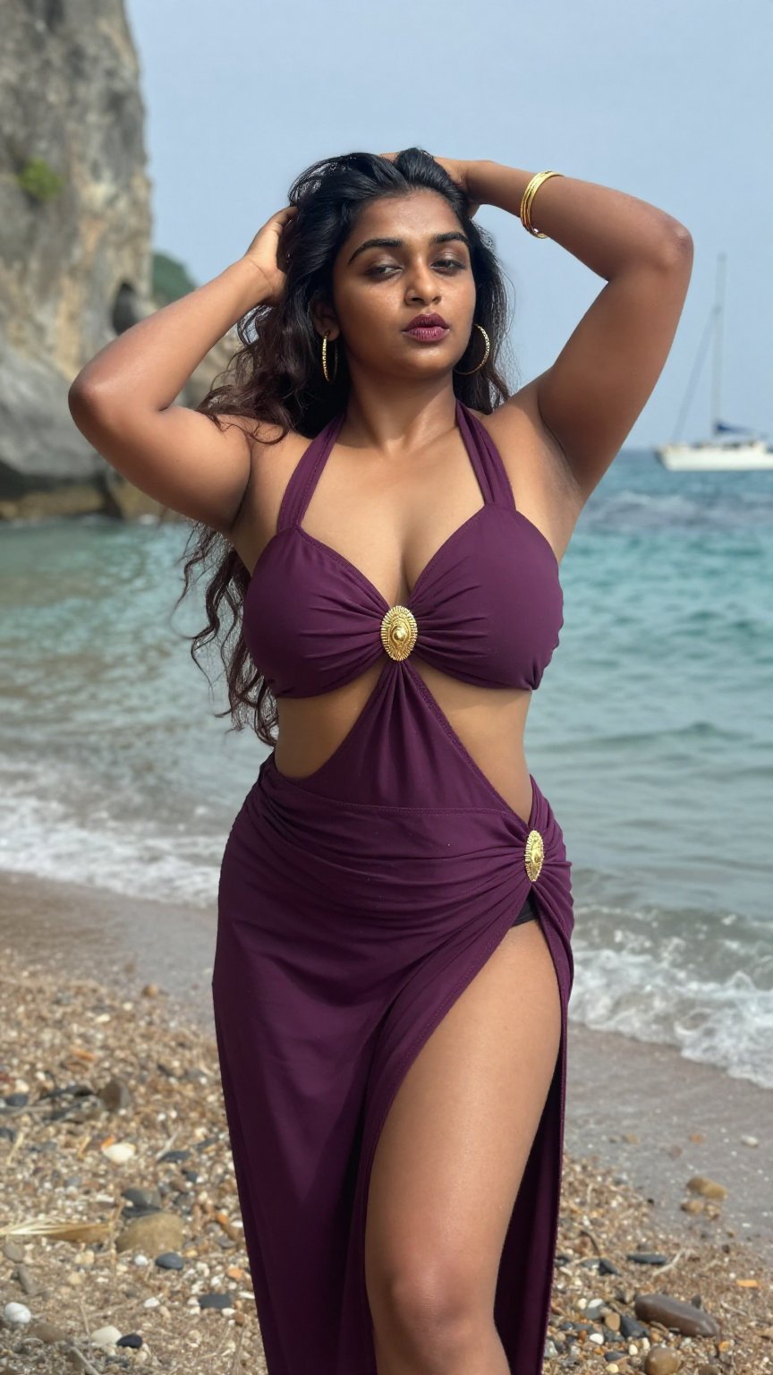 Prompt Medium low-angle three-quarter front view of a big breasts curvy young Indian woman with long wavy dark hair,  wear...