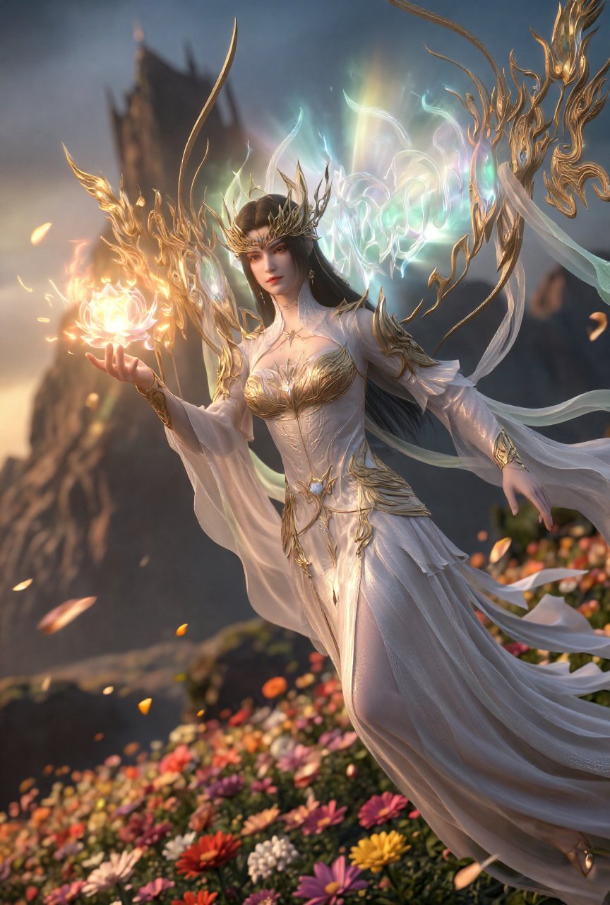 captured in soft focus tilt low-angle perspective,  black hair. wearing white regal outfit,  goddess by V33N4 on Tensor.Art