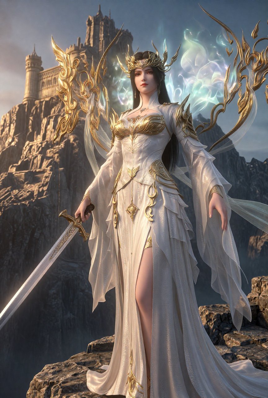 captured in low-angle perspective,  full-body black hair. wearing white regal outfit,  goddess by V33N4 on Tensor.Art