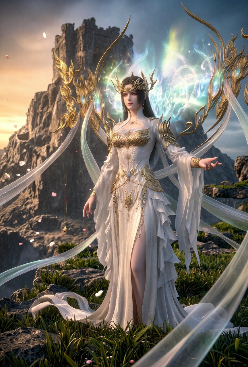 captured in half-body,  black hair wearing white regal outfit,  goddess by V33N4 on Tensor.Art