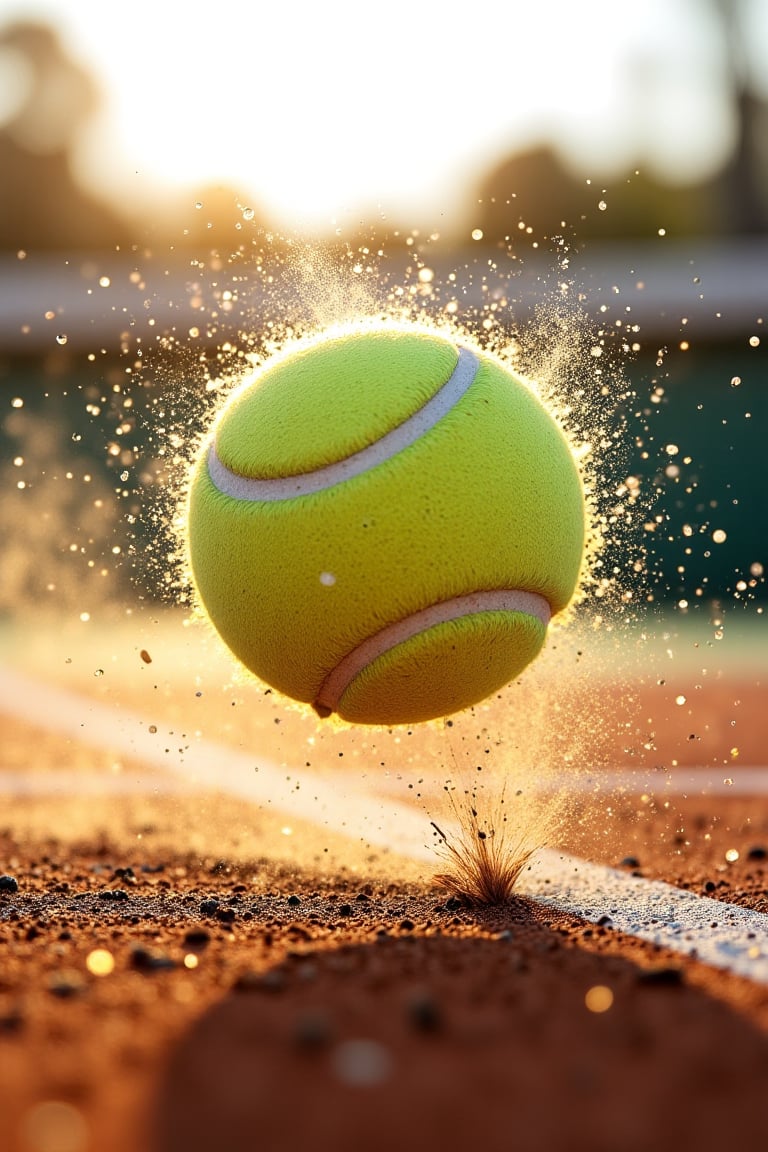 Tennis ball frozen in mid-air on a clay court,  dust particles exploding on impact,  golden hour lighting by Mar on Tensor...