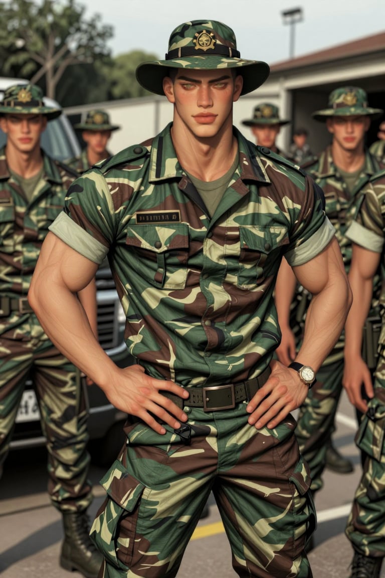 The image depicts a group of individuals dressed in military uniforms,  standing outdoors. The central figure is wearing a...