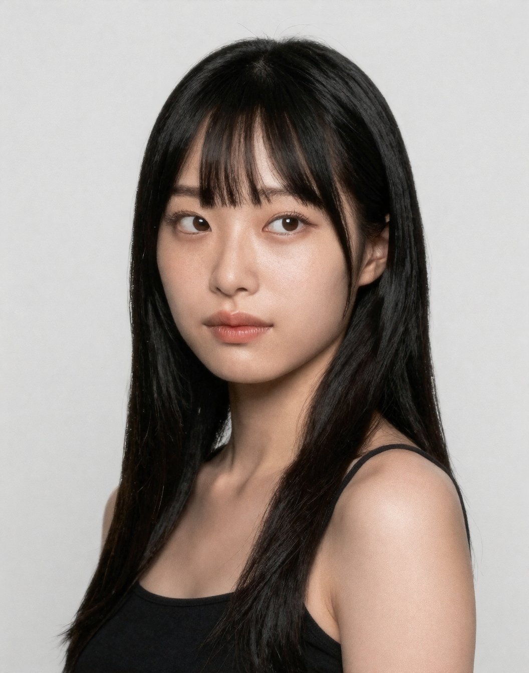 hana,  1woman,  bangs Pose: tilting head Expression: looking away Location: Photo Studio subtle film grain by user_6931864...